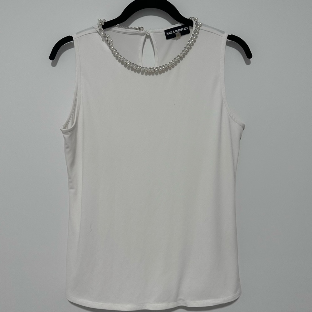 ✨ Karl Lagerfeld Paris Pearl-Trim Sleeveless Top – White ✨